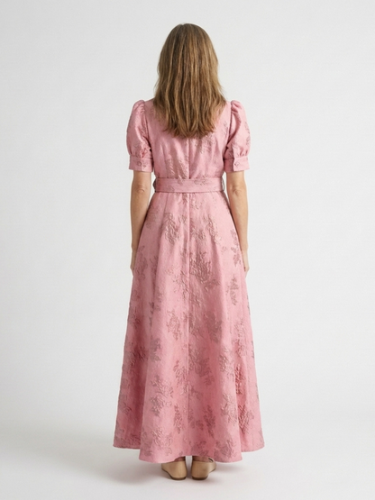 Xanthea | Women's Short Sleeve Belted Floral Textured Maxi Shirt Dress