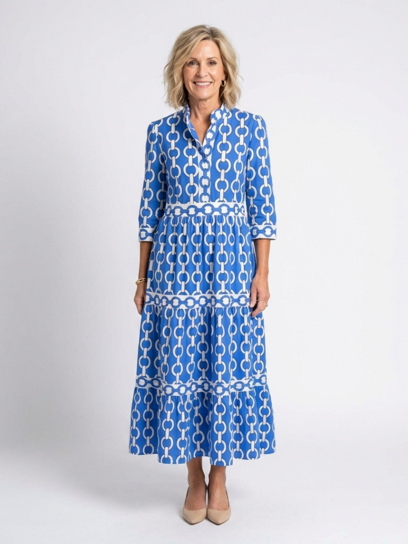 Ysolde | Women's Relaxed Three Quarter Sleeve Chain Pattern Midi Dress
