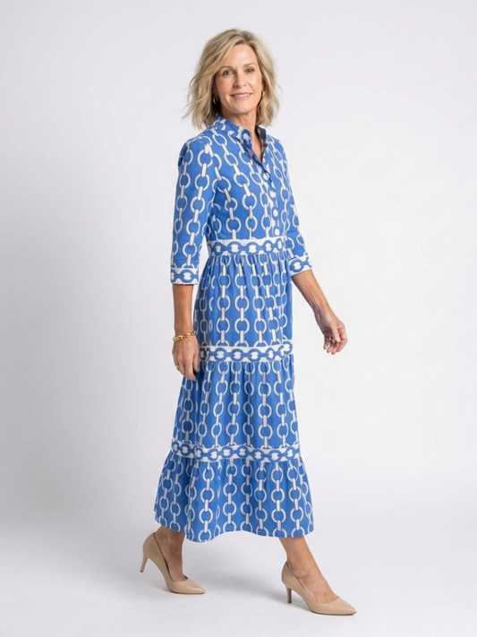 Ysolde | Women's Midi Dress with Three-Quarter Sleeves and Chain Pattern
