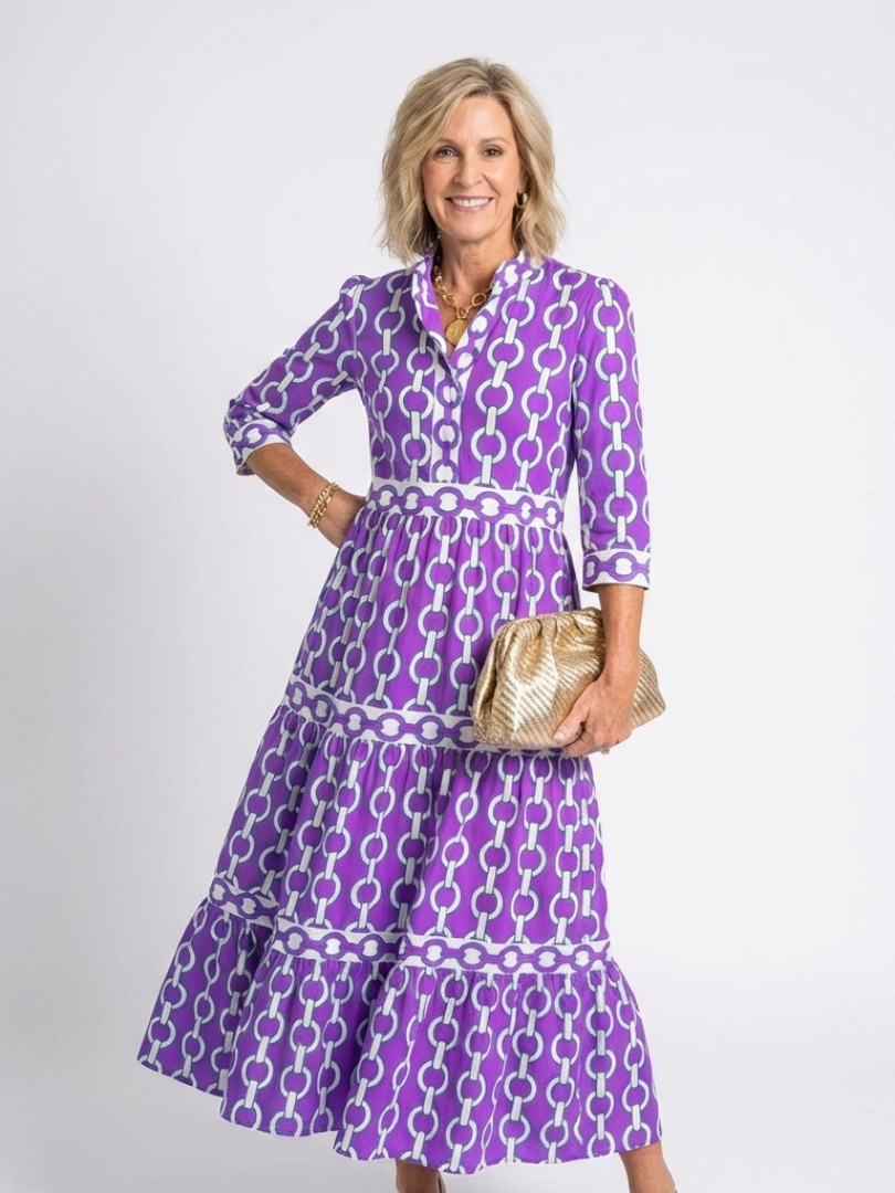 Ysolde | Women's Midi Dress with Three-Quarter Sleeves and Chain Pattern