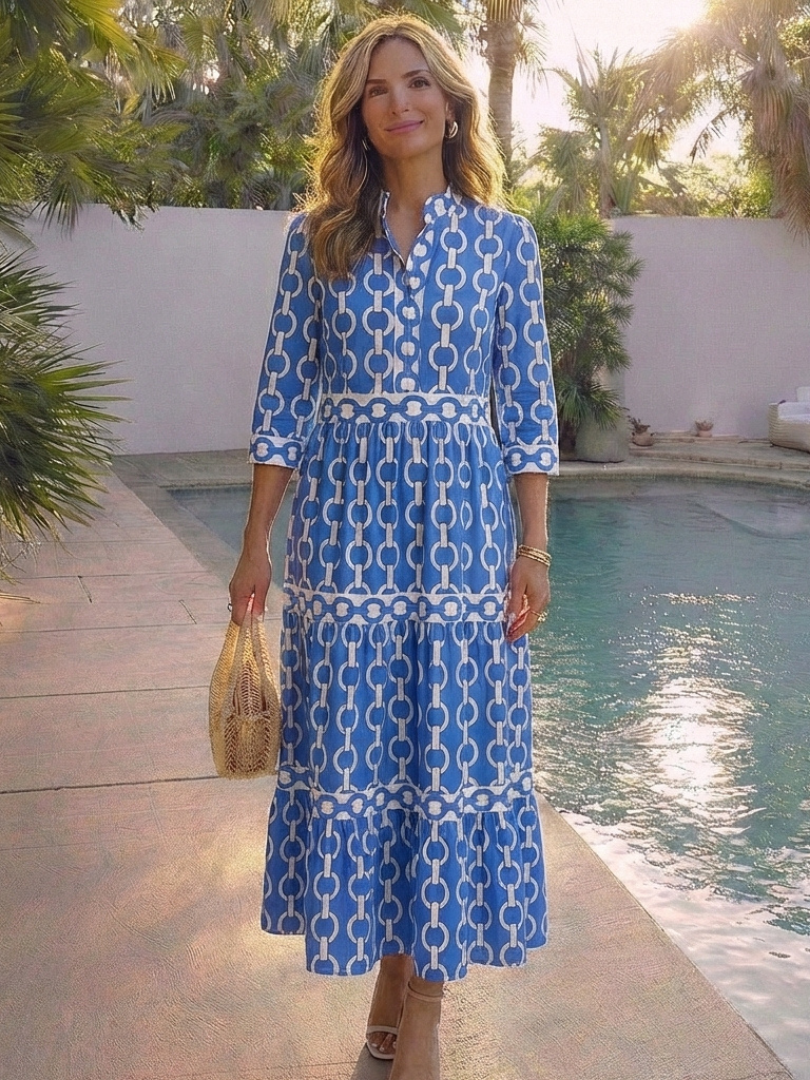 Ysolde | Women's Relaxed Three Quarter Sleeve Chain Pattern Midi Dress