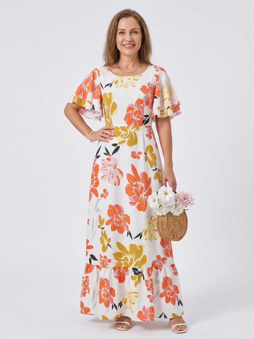 Elowen | Women's Round Neck Short Sleeve Tiered Maxi Dress