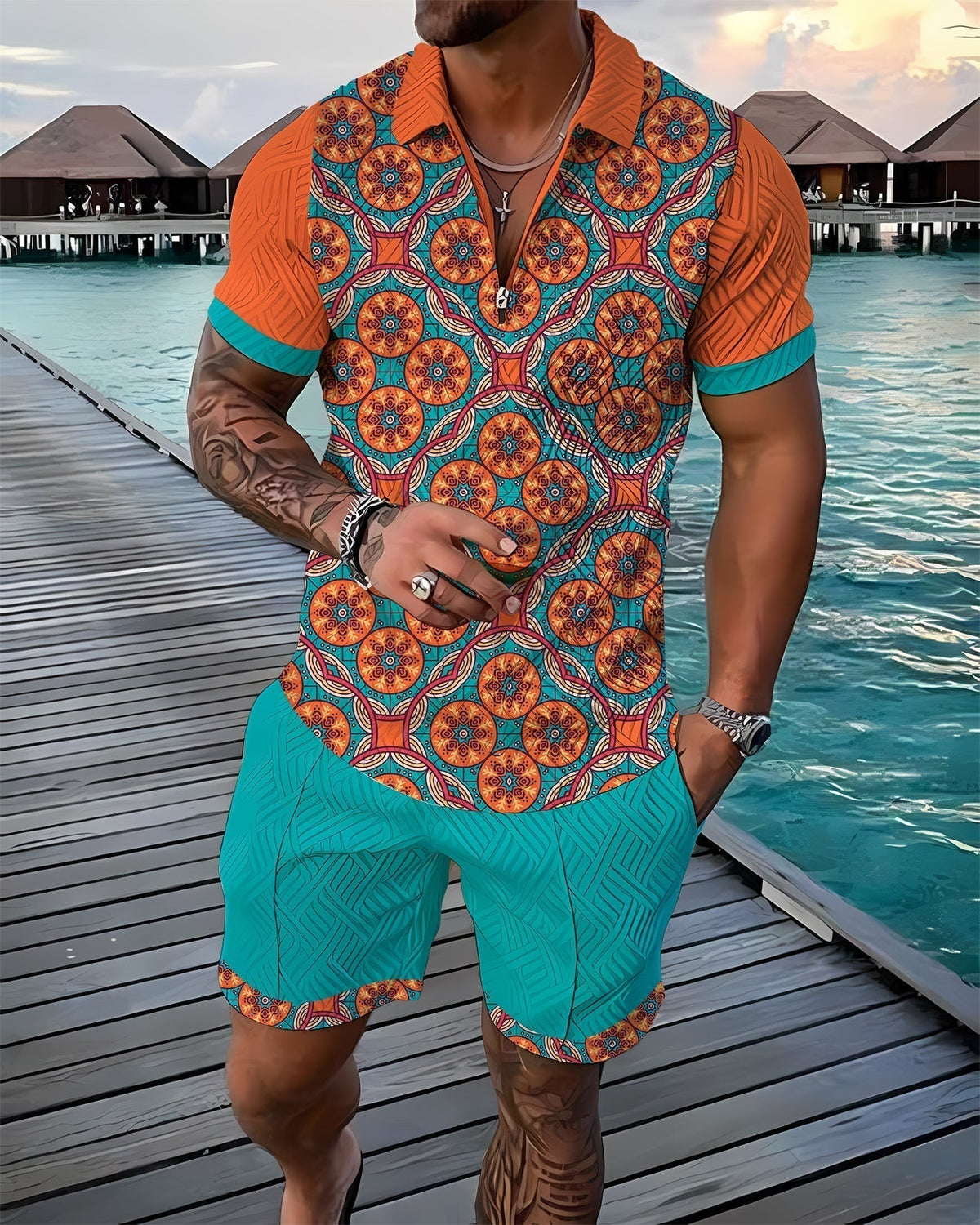Finn | Men's Azure Blue Polo Shirt And Shorts Set