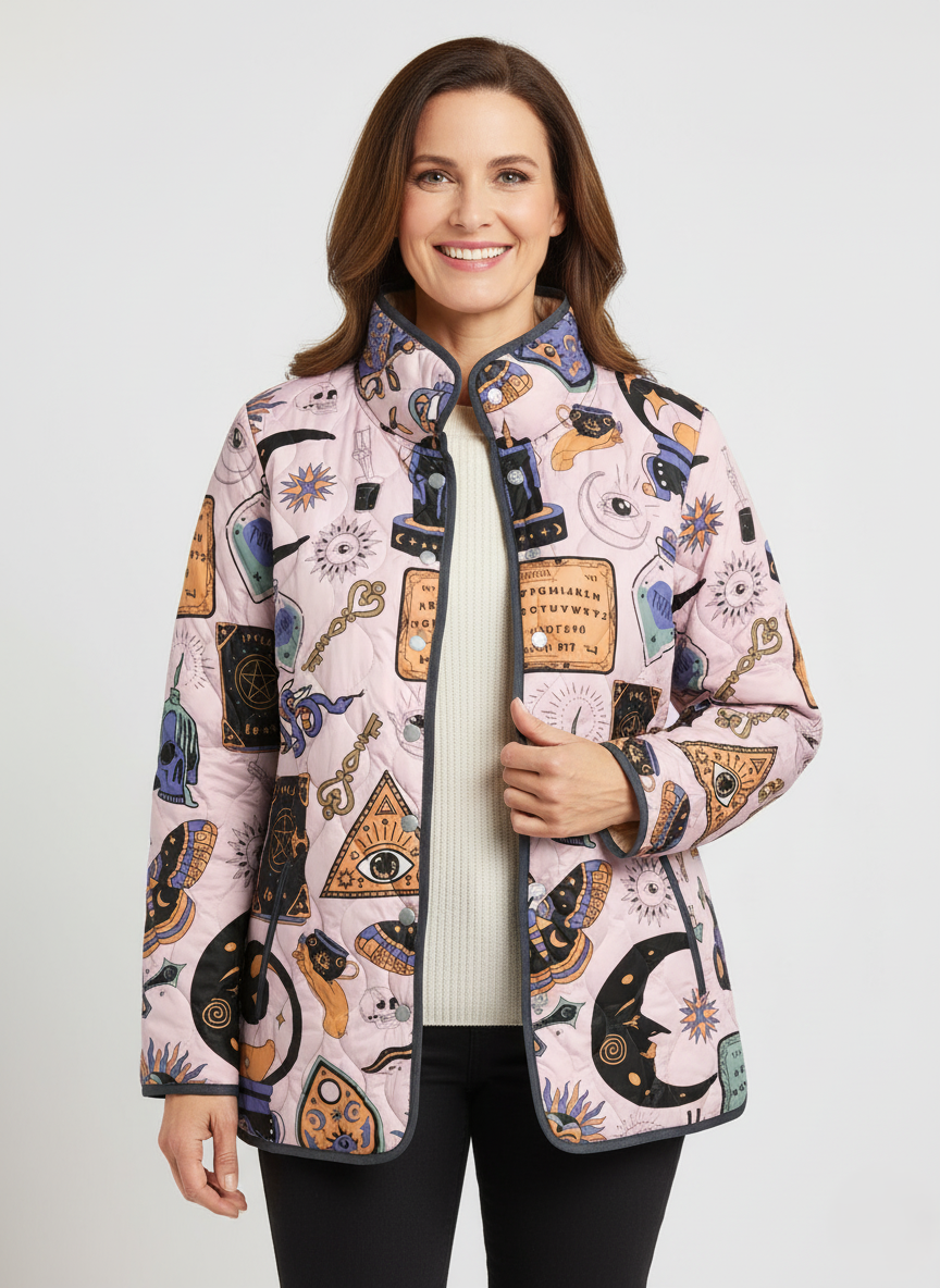 Women's Relaxed Mystic Symbols Print Quilted Jacket