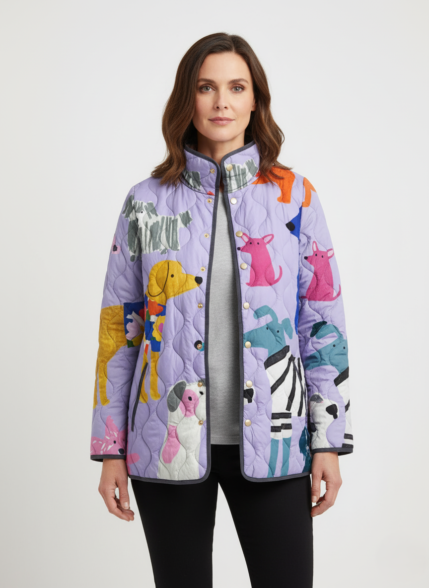 Women's Relaxed Colourful Dog Print Quilted Jacket