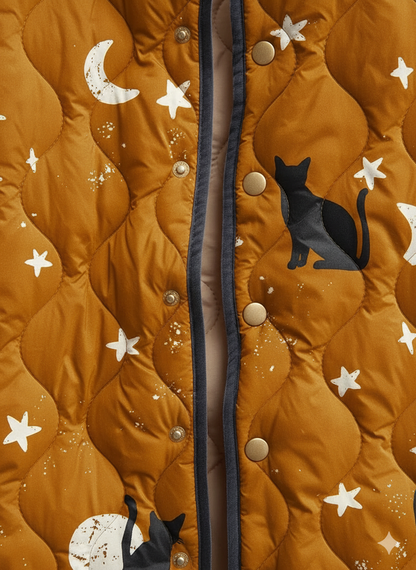 Women's Relaxed Night Sky Cat Print Quilted Jacket