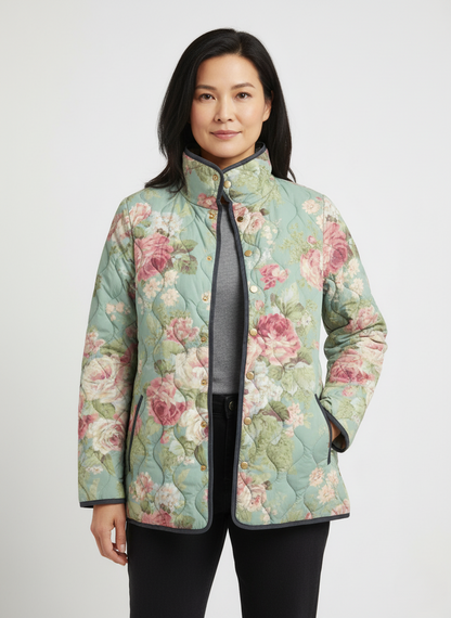 Women's Relaxed Pastel Rose Print Quilted Jacket