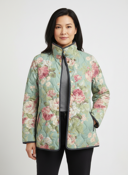 Women's Relaxed Pastel Rose Print Quilted Jacket