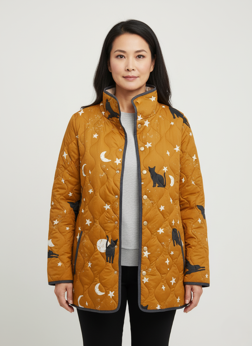 Women's Relaxed Night Sky Cat Print Quilted Jacket