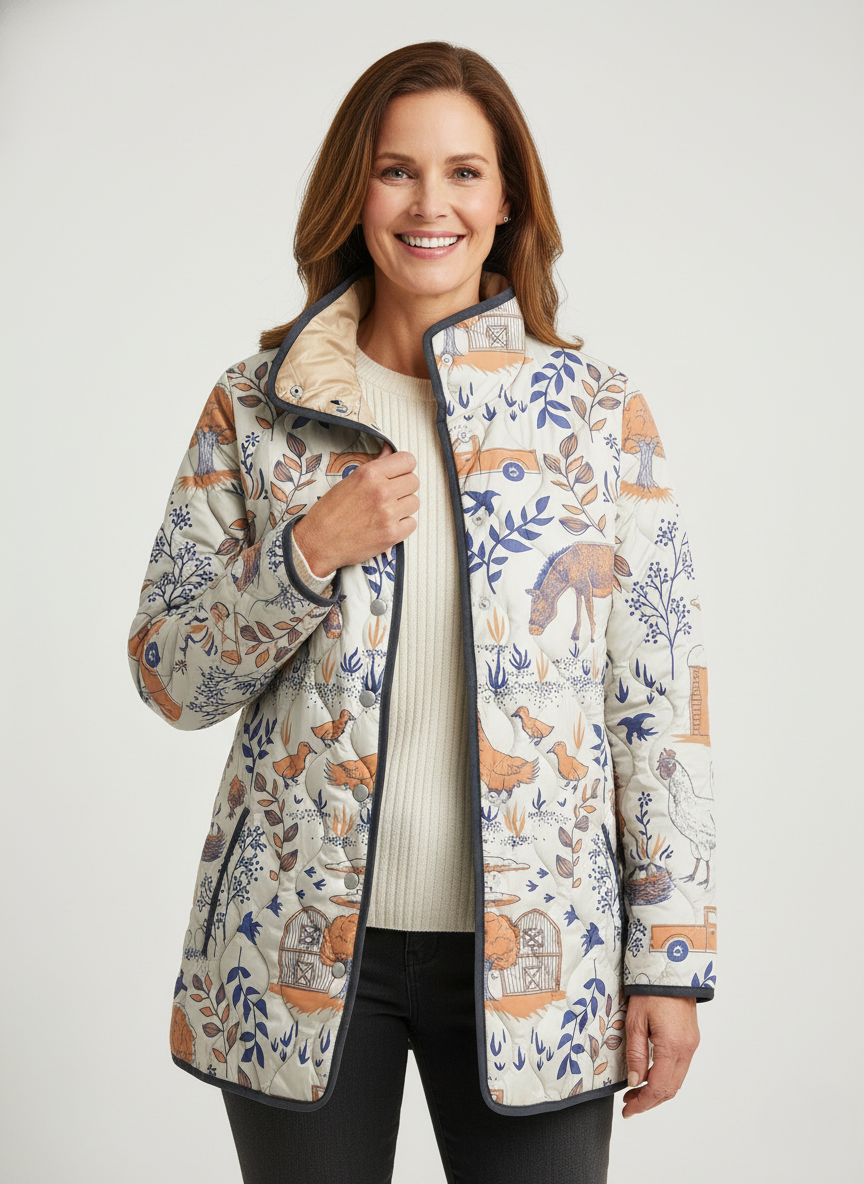 Women's Relaxed Vintage Farmyard Print Quilted Jacket