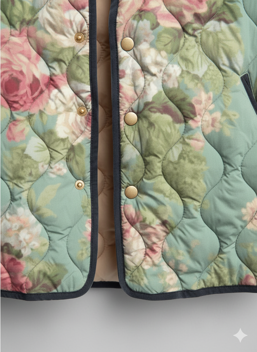 Women's Relaxed Pastel Rose Print Quilted Jacket