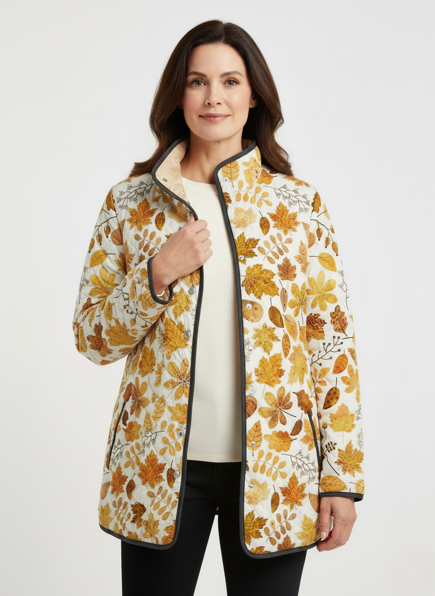 Women's Relaxed Vintage Autumn Leaf Print Quilted Jacket