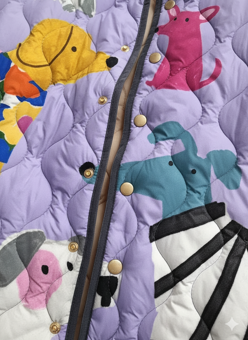 Women's Relaxed Colourful Dog Print Quilted Jacket