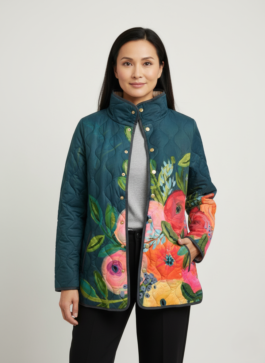 Women's Relaxed Navy Floral Bloom Quilted Jacket