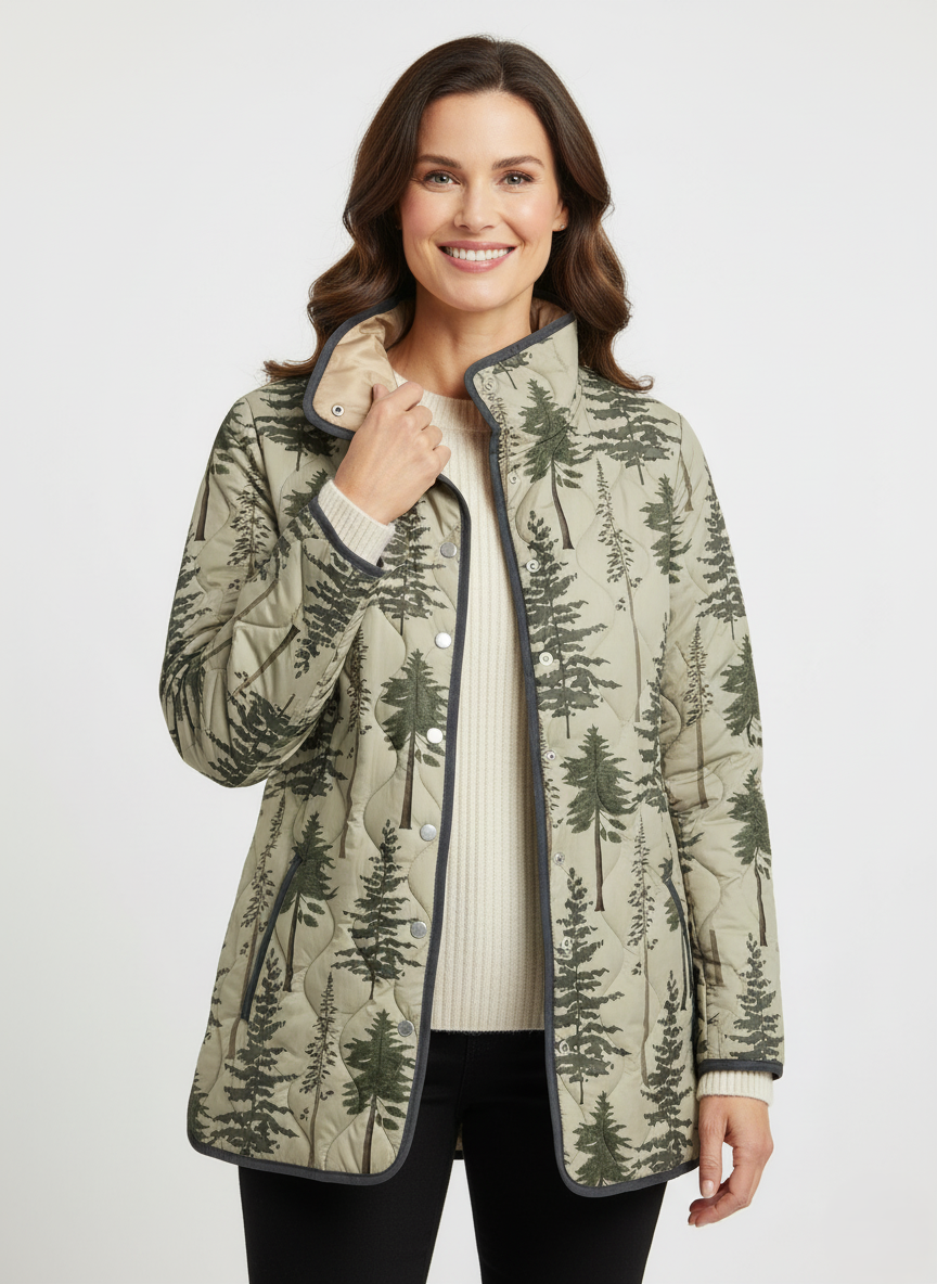 Women's Relaxed Forest Pine Print Quilted Jacket