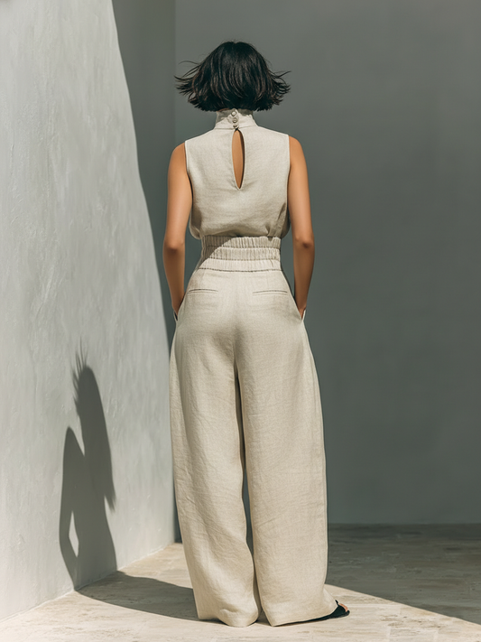 Women's Sleeveless, Blouse and Wide-Leg Trousers Ensemble