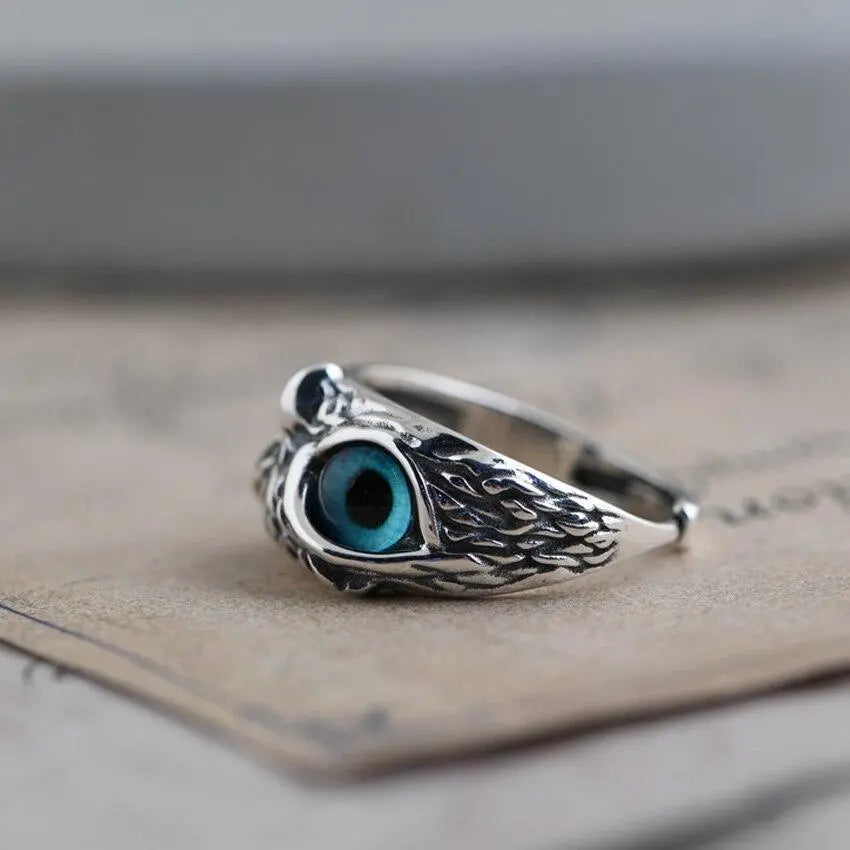 Opal-Embellished Adjustable Silver Owl Ring