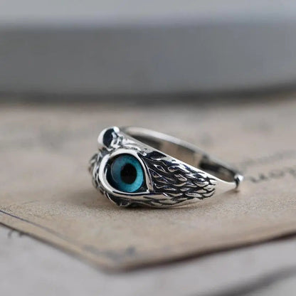 Opal-Embellished Adjustable Silver Owl Ring