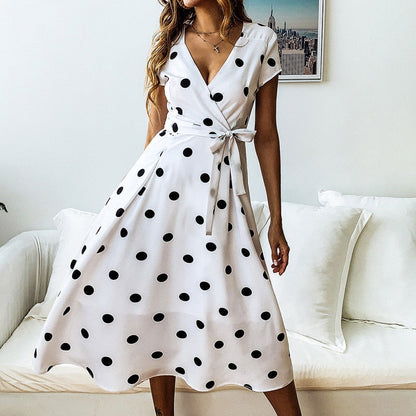 Juna | Women's Polka Dot V-Neck Midi Dress with Tie Waist