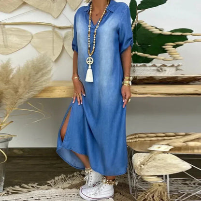 Ilse | Women's Relaxed Summer V-Neck Half Denim Midi Dress