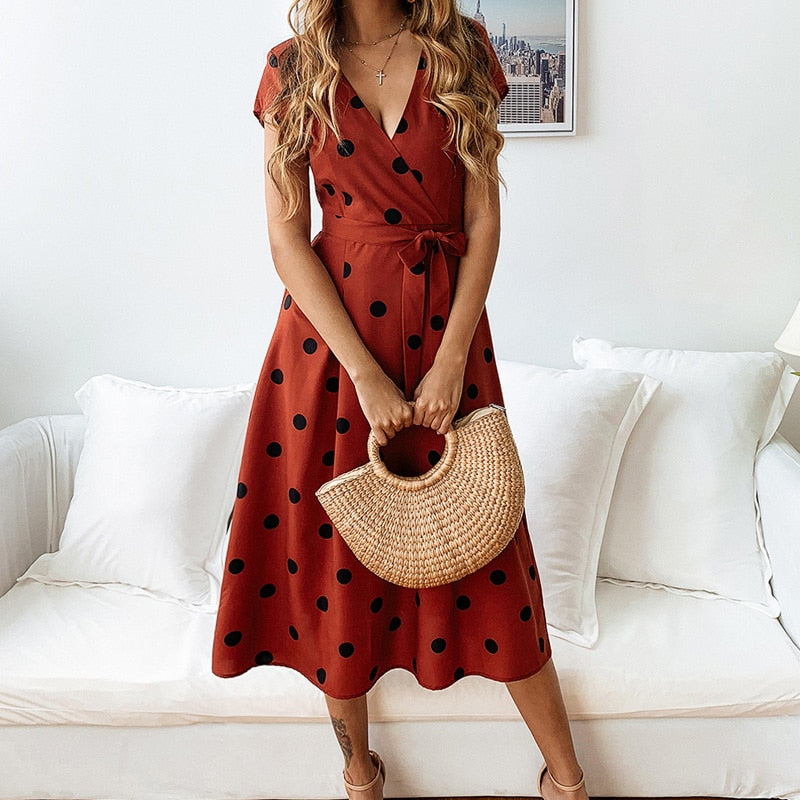 Juna | Women's Polka Dot V-Neck Midi Dress with Tie Waist