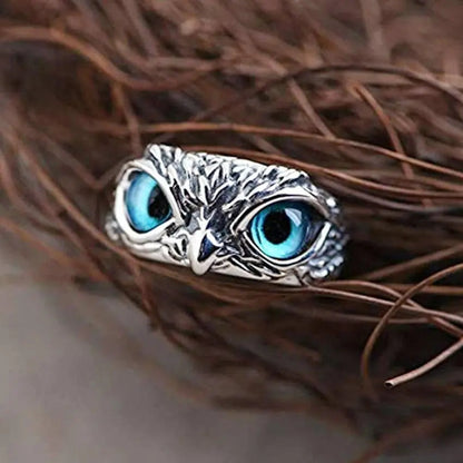 Opal-Embellished Adjustable Silver Owl Ring