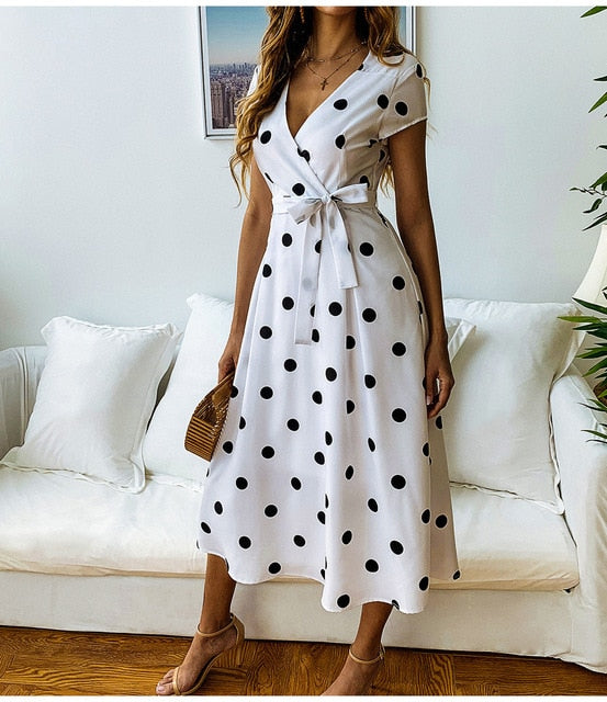 Juna | Women's Polka Dot V-Neck Midi Dress with Tie Waist