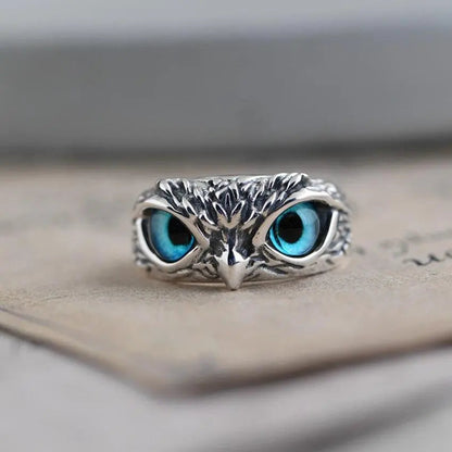 Opal-Embellished Adjustable Silver Owl Ring