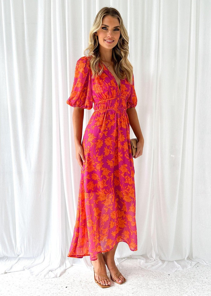 Katy | Women's Elegant Puff Sleeved Floral Midi Dress