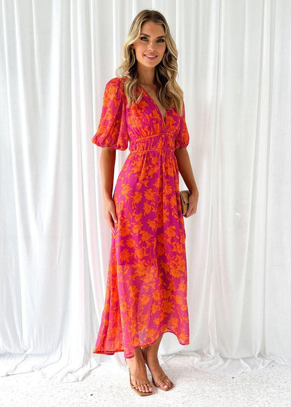 Katy | Women's Elegant Puff Sleeved Floral Midi Dress