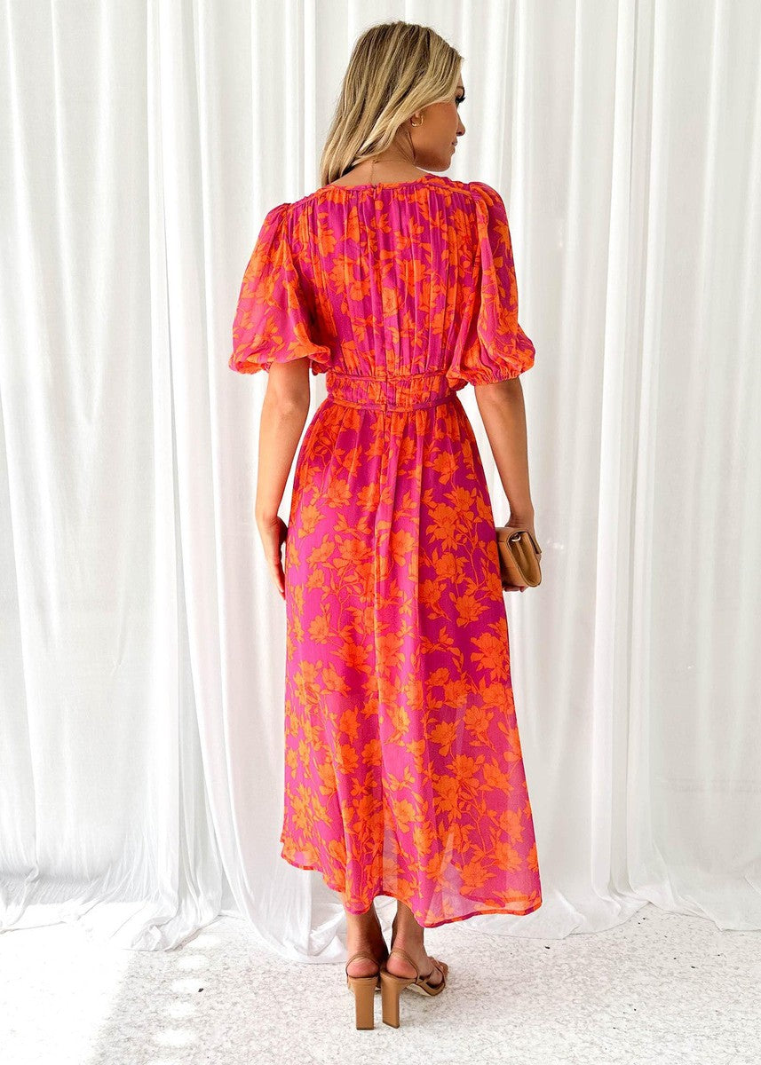 Katy | Women's Elegant Puff Sleeved Floral Midi Dress