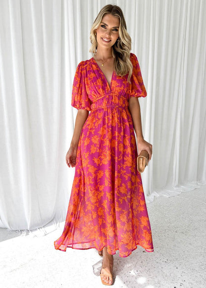 Katy | Women's Elegant Puff Sleeved Floral Midi Dress