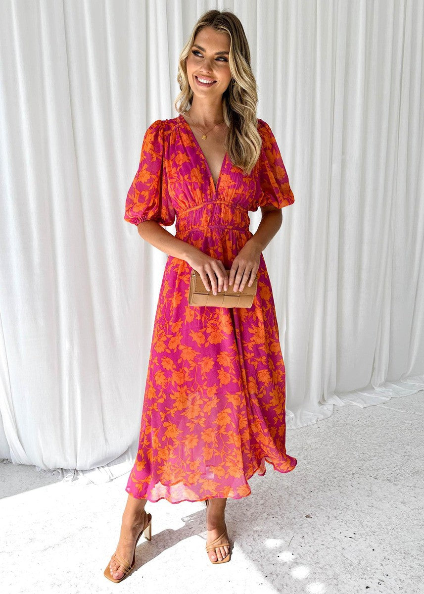 Katy | Women's Elegant Puff Sleeved Floral Midi Dress