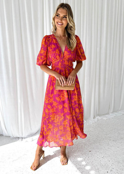 Katy | Women's Elegant Puff Sleeved Floral Midi Dress