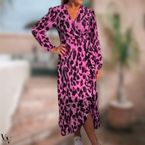 Elena | Women's Leopard Midi Dress with V-Neck
