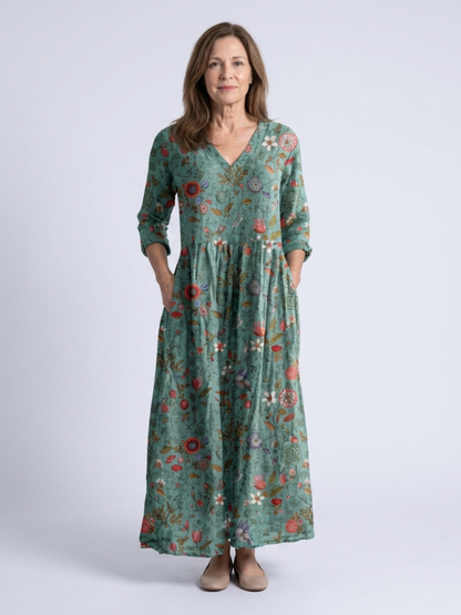 Marina | Women's Relaxed Floral V Neck Three Quarter Sleeve Maxi Dress