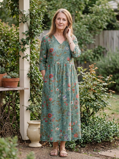 Marina | Women's Relaxed Floral V Neck Three Quarter Sleeve Maxi Dress
