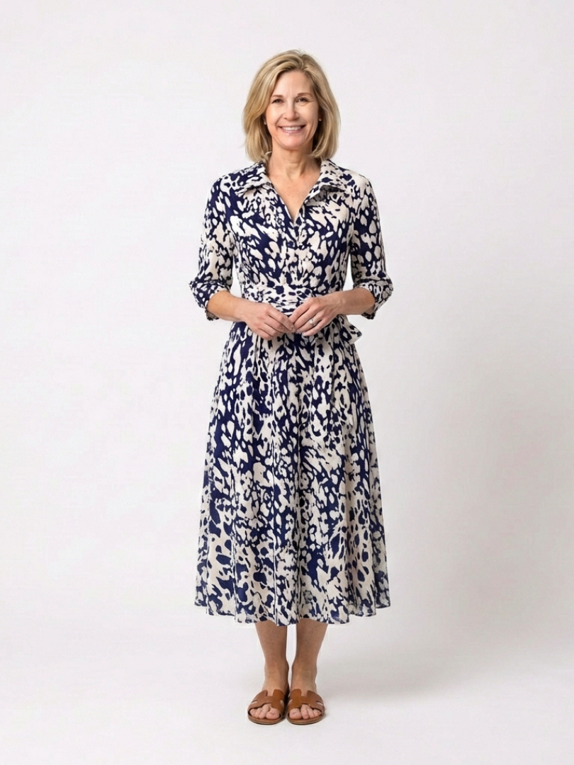 Oriana | Women's Relaxed Collared Long Sleeve Waist Tie Midi Dress
