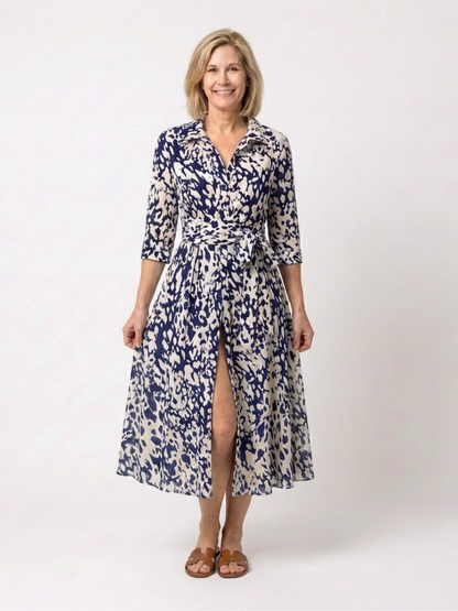 Oriana | Women's Relaxed Collared Long Sleeve Waist Tie Midi Dress