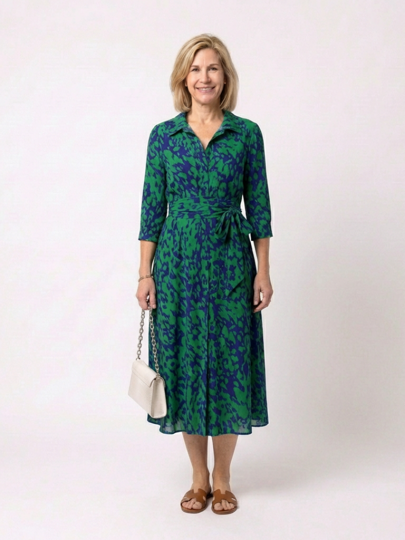 Oriana | Women's Relaxed Collared Long Sleeve Waist Tie Midi Dress