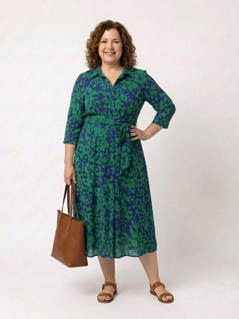 Oriana | Women's Relaxed Collared Long Sleeve Waist Tie Midi Dress