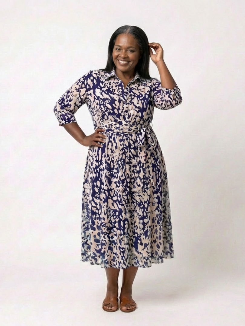 Oriana | Women's Relaxed Collared Long Sleeve Waist Tie Midi Dress