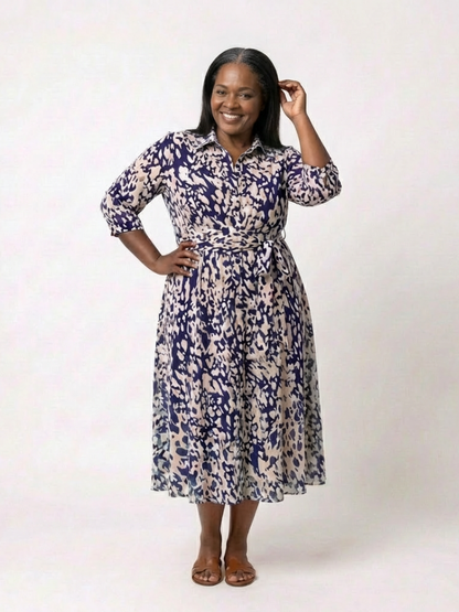 Oriana | Women's Relaxed Collared Long Sleeve Waist Tie Midi Dress