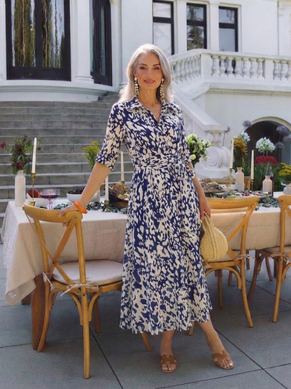 Oriana | Women's Relaxed Collared Long Sleeve Waist Tie Midi Dress