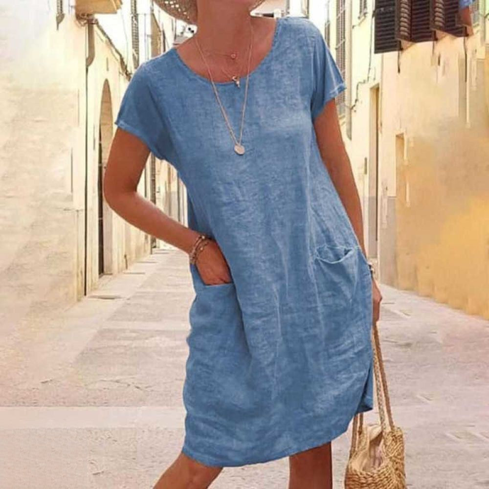 Édith | Women's Round Neck Short Sleeve Mini Dress with Pockets
