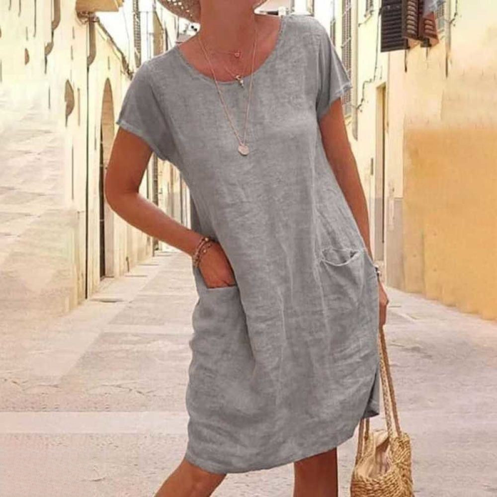 Édith | Women's Round Neck Short Sleeve Mini Dress with Pockets