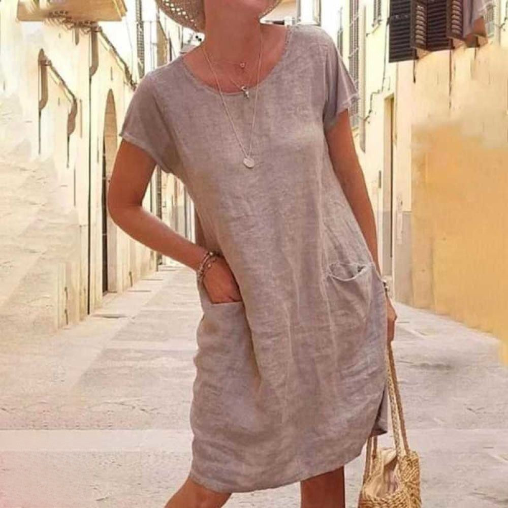 Édith | Women's Round Neck Short Sleeve Mini Dress with Pockets