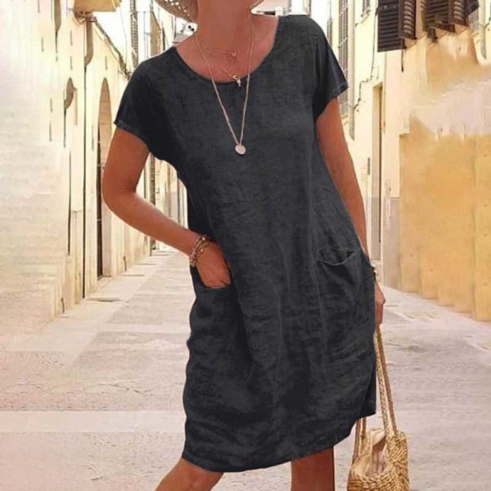 Édith | Women's Round Neck Short Sleeve Mini Dress with Pockets