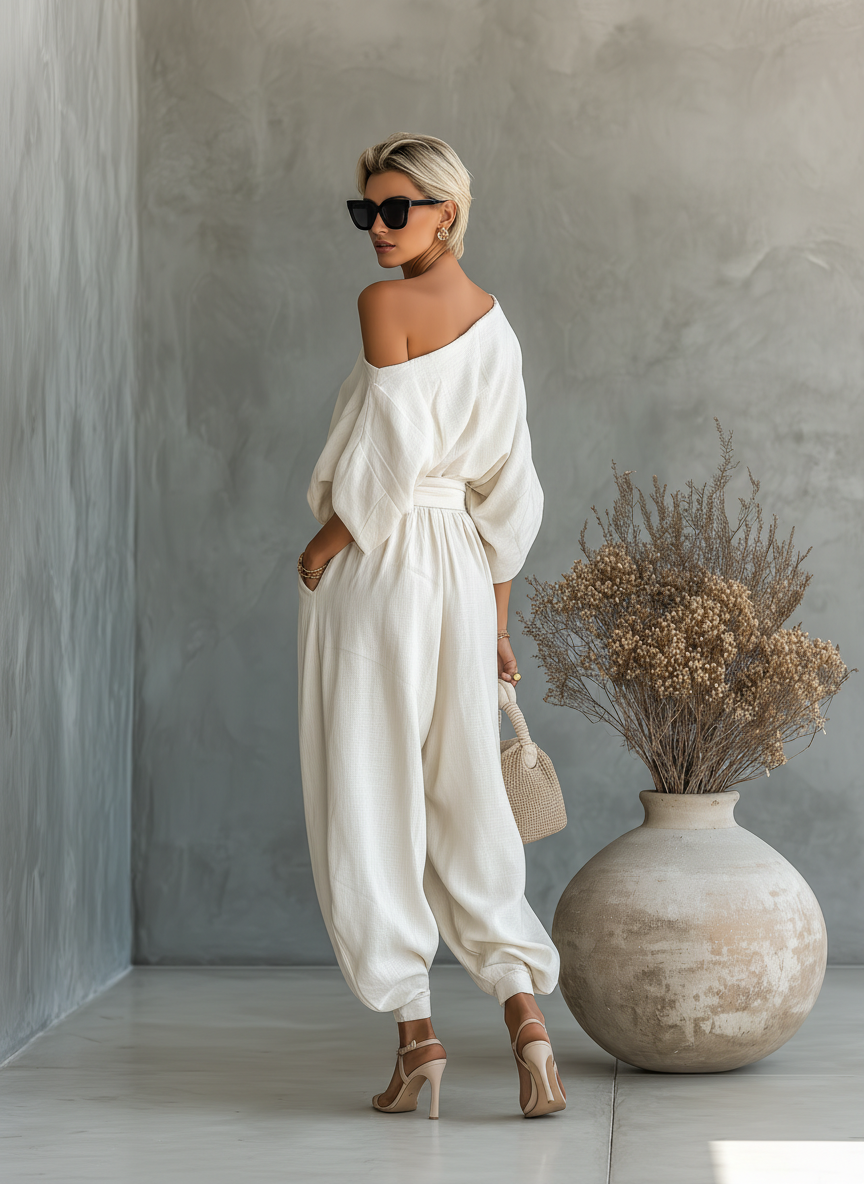 Lisa | Women's Longline Relaxed Cozy Off-Shoulder Top with Tapered Trousers Ensemble