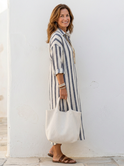 Naomi | Women's Relaxed Long Sleeve Striped Midi Shirt Dress